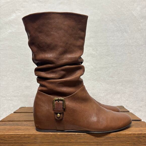Stuart Weitzman Rugerio Brown Leather Slouch Boots Buckle Hidden Wedge Size 7 - Picture 12 of 12